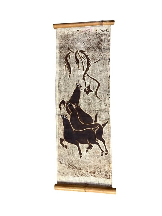 Unknown Other - Vintage Hand Painted Textile Wall Hanging Bamboo Scroll Used